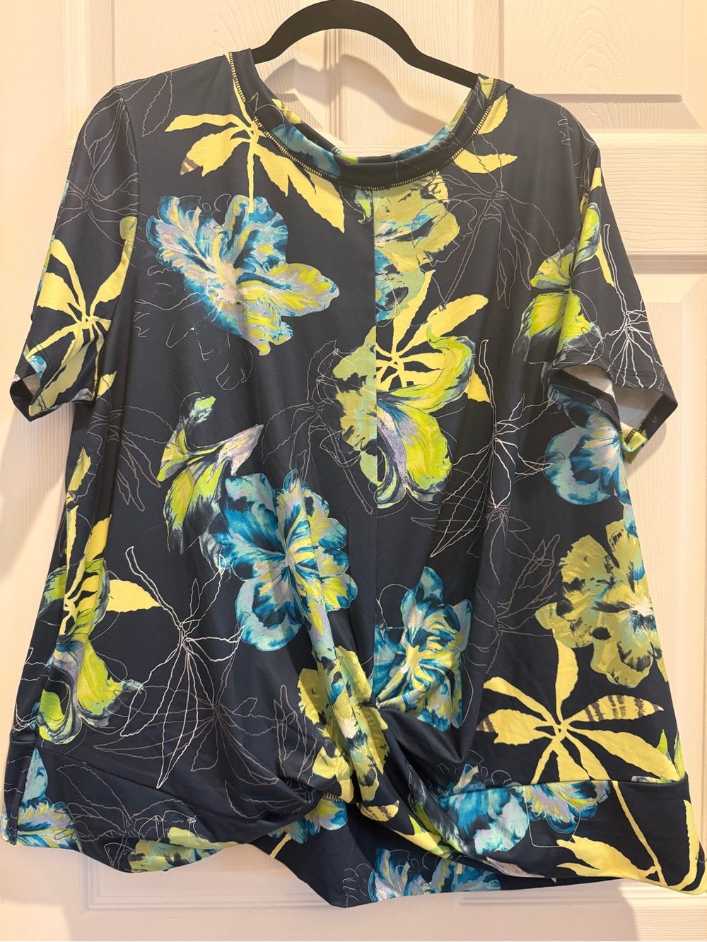 Cato Navy Short Sleeve Twist-Front Top with Yellow and Blue Floral Print